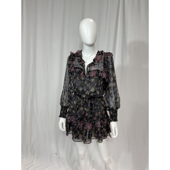 Misa Los Angeles 'Karla' Black Chiffon Rulffle Dress Size L - Picture 2 of 5